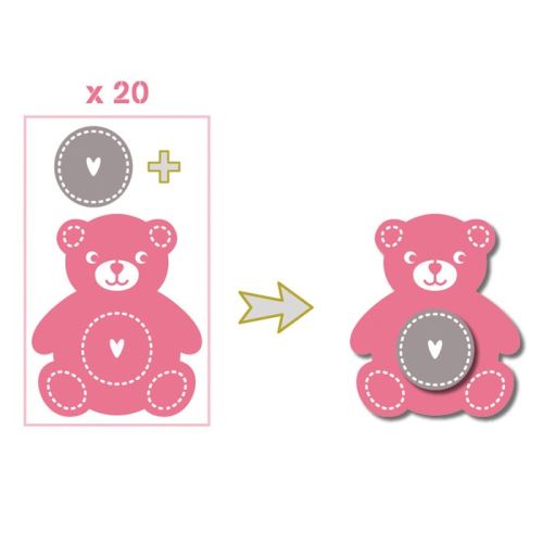 20 formes découpées nounours rose-vert-gris