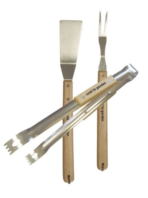 Set pince + fourchette + spatule inox et bois cook'in garden