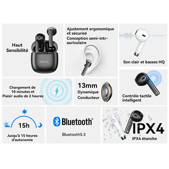 16€ sur Oreillette Bluetooth Sans Fil Oscal HiBuds 5 Ecouteur Intra- Auriculaires Sportif Stéréo IPX4 étanche pour iOS Android - Blanc -  Ecouteurs - Achat & prix