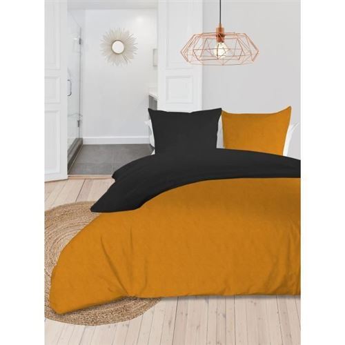 Soleil Docre Parure De Couette Bicolore - Coton Lave - 220 X 240 Cm - Jaune Moutarde Et Gris Anthracite