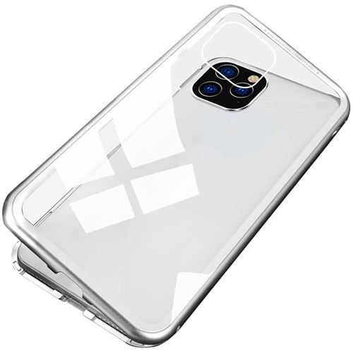Couverture de boîtier en verre à cadre métallique magnétique à 360 ° pour iPhone 12/12 Pro 6,1” - Argent
