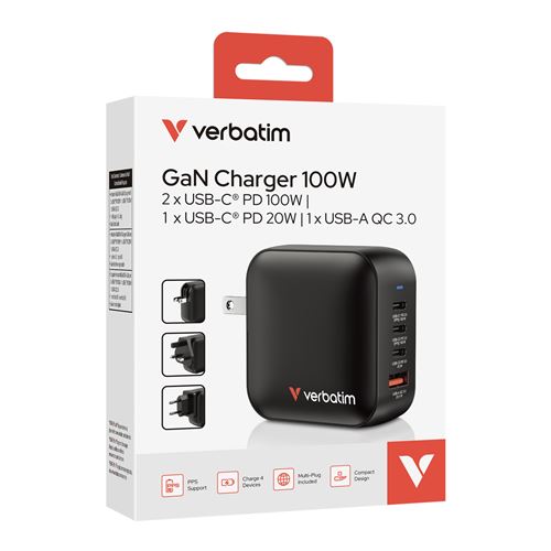 Verbatim GaN Charger 100W Universel Noir Secteur Charge rapide Intérieure