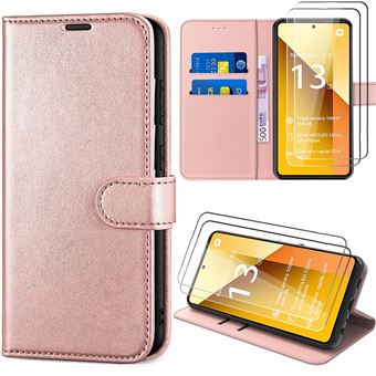Coque + 2 Verres Trempés pour Xiaomi Redmi Note 13 5G (pas pour 4G), Rose, Etui Antichoc en Cuir PU avec Porte-cartes et Suppport - BOOLING - 1
