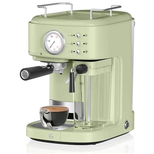 Retro Machine à Café 15 Bars Réservoir 0,5L avec Mousseur à Lait, 1,7L, Vintage, SWAN, SK22150GN, 1200W, Vert