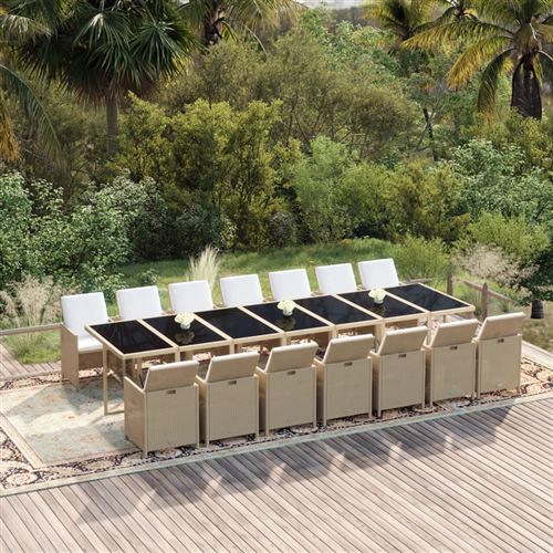 vidaXL Ensemble à manger de jardin coussins 15pcs Résine tressée Beige