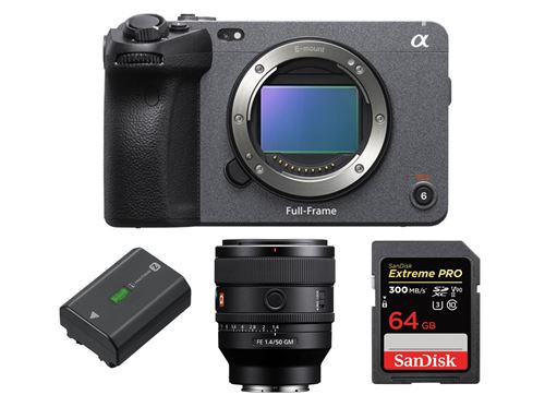 Boîtier Noir Sony FX3 + FE 50 mm f1.4 GM + Sony NP-FZ100 Batterie rechargeable série Z + SanDisk 64GB Extreme PRO UHS-II SDXC 300 MB/s