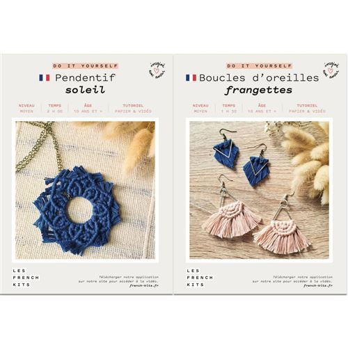 Bijoux Macramé - Pendentif, Boucles d'oreilles bleu - French Kits