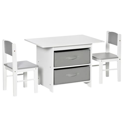 HOMCOM Ensemble table et chaises enfant - set de 3 pièces + 2 tiroirs non tissés - table étagère pour jouets 2 en 1 - MDF blanc gris