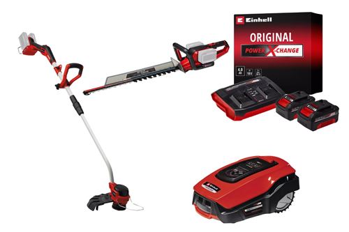 EINHELL Kit premium jardin sans fil  - Taille-haies 36V, coupe-bordure 36V, robot tondeuse + batteries 4.0Ah