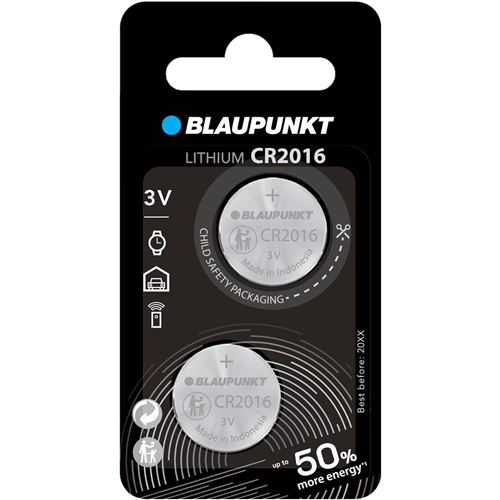 BLAUPUNKT Pack 2 CR2016 Piles Bouton Lithium Idéale Montre, Porte de Garage, Clé Electronique