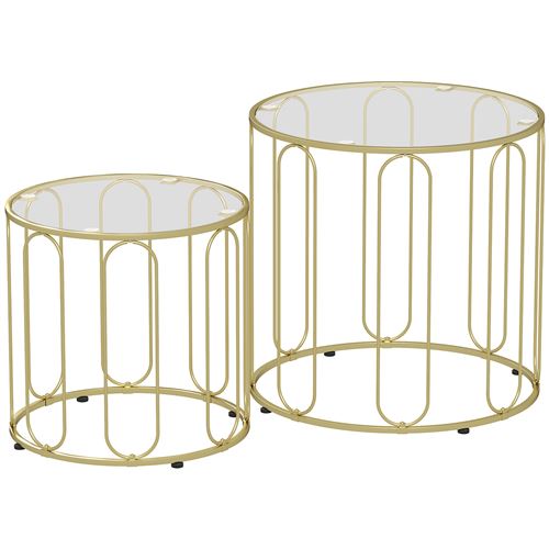HOMCOM Juego de 2 mesas Tissue Tide para salón y dormitorio, tono dorado, redondas, de vidrio templado, bandeja con marco de metal, maceta