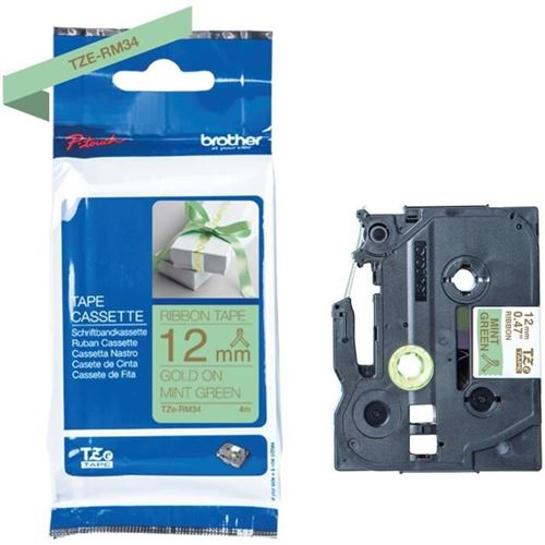 Ruban BROTHER - TZERM34 - 12mm or sur vert menthe  - Qt 1