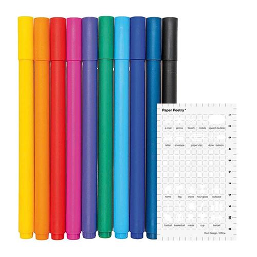 10 stylos gel fin 0,4 mm + Pochoir icônes bureau - Rico Design