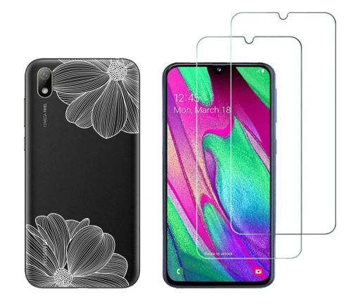 Coque et 2 films HUAWEI Y5 2019 - Coque souple Solide fantaisie + 2 Films en Verre trempé résistants Anti Casse écran - Fleurs blanches