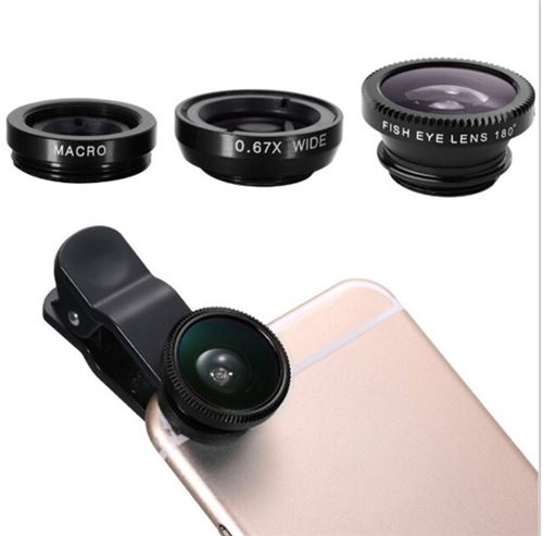 Kit d'objectif 3 en 1 pour smartphone macro 0,65 x large 10x Objectif fisheye - Convient pour tous les téléphones portables lentille fisheye 180° doré grand angle 