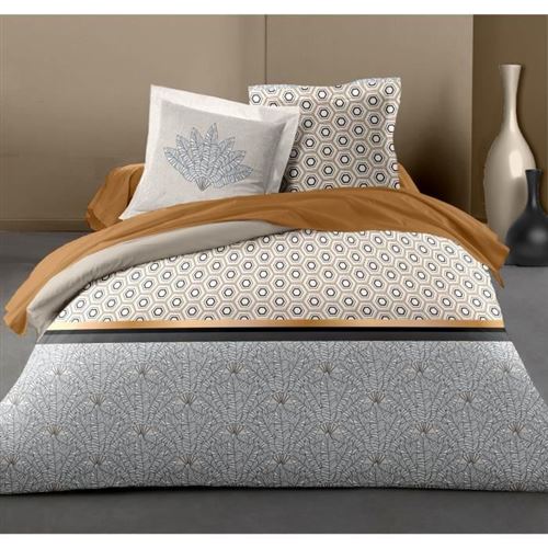 home linge passion parure de couette louxor - 1 housse de couette 220 x 240 cm + 2 taies 65 x 65 cm - ocre et blanc