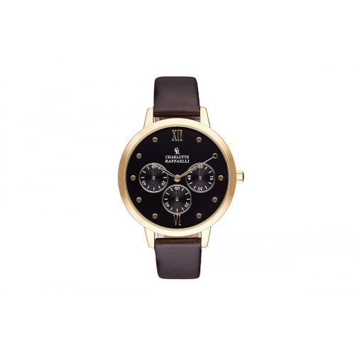 Montre Femme Charlotte Rafaelli Cadran 36mm En Steel Noir Et Bracelet Noir En Cuir Authentique CRB016
