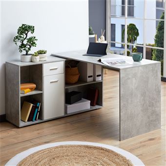 Bureau D Angle Carmen Table Avec Meuble De Rangement Integre Et Modulable 4 Etageres 1 Porte Et 1 Tiroir Decor Beton Blanc Achat Prix Fnac