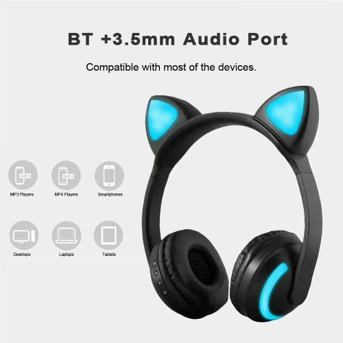 ZW19 LED 7 couleurs lumière Bluetooth stéréo casque sans fil oreille de  chat clignotant brillant casque de jeu écouteur (lapin fille)
