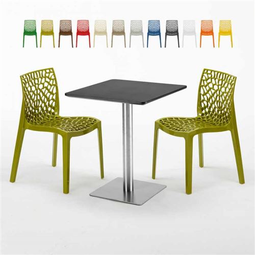 Table carrée 60x60 pied acier et plateau noir avec 2 chaises colorées Gruvyer Pistachio, Couleur: Anis vert
