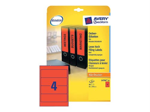 Avery L4766 - Rouge - 61 x 192 mm 80 unités (20 feuille(s) x 4 étiquettes pour dossiers