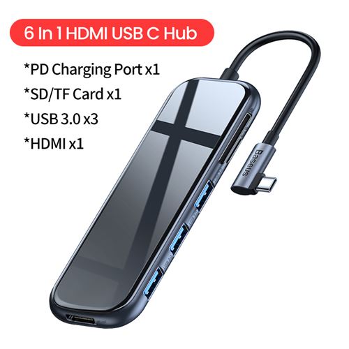 Adaptateur USB-C HUB Baseus, 6 en 1 ,PD Charging Port ,SD/TF Card et USB3.0 compatible Macbook air/pro -Noir