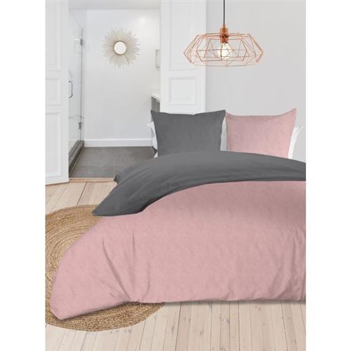 Soleil Docre Parure De Couette Bicolore - Coton Lave - 240 X 260 Cm - Rose Et Gris
