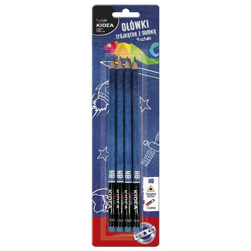 Kidea Crayons HB triangulaires avec gomme à effacer 4 pièces Ø 0,5 cm