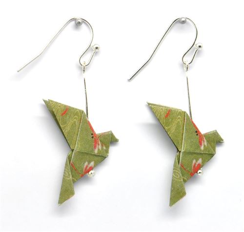 Boucles d'oreille papier origami colombe kaki - the cocotte
