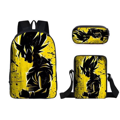 Lot de 3 pièces Sac à Dos, Trousse à crayons, Sac à Bandoulière Dragon Ball pour Enfants (SD3634) Noir/Jaune