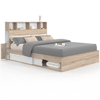 Lit double CLEM avec rangements + tête de lit et sommier 140 x 190 cm hêtre et blanc - 1