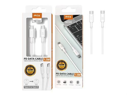M.TK TB1322 - Câble USB - 24 pin USB-C (M) pour 24 pin USB-C (M) - 20 V - 3 A - 1.5 m - USB Power Delivery (60W) - blanc