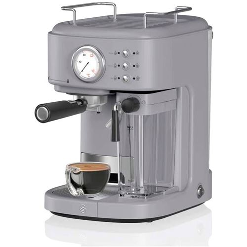 Retro Machine à Café 15 Bars Réservoir 0,5L avec Mousseur à Lait, 1,7L, Vintage, SWAN, SK22150GRN, 1200W, Gris