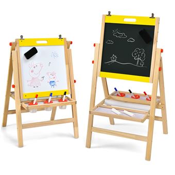 chevalet giantex d’art 3-en-1 pour enfants de 3+ans avec hauteur réglable sur 5 positions, plateau de rangement et tableau à 2 faces - 1