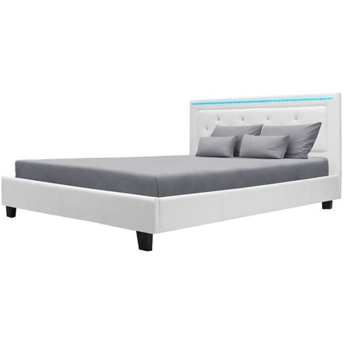 EDOUARD Lit adulte contemporain avec systeme d'éclairage LED - Simili Blanc - Sommier inclus - 160 x 200 cm