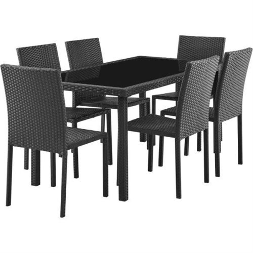 Non Communiqué Ensemble Repas De Jardin Plateau En Verre Trempé Et 6 Chaises En Résine Tressée Table