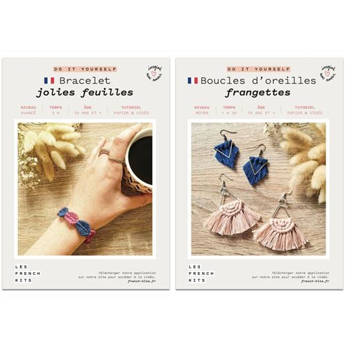 Bijoux Macramé - Bracelet, Boucles d'oreilles bleu rose - French Kits
