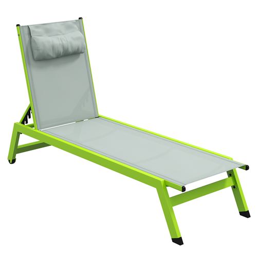 Bain de soleil transat inclinable 5 positions - tétière, 2 roulettes - alu. textilène vert