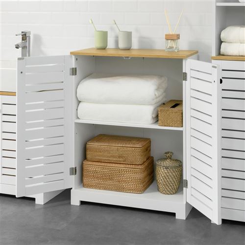 SoBuy® BZR41-W Meuble Bas Placard de Rangement Armoire pour Cuisine, Meuble de Salle de Bain avec 2 Portes Persiennes