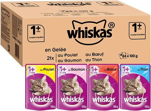 Meilleurs prix pour Whiskas Sélection Mixte en Gelée – Nourriture humide pour chat adulte – Alimentation complète en sachets fraîcheur – 84 x 100g