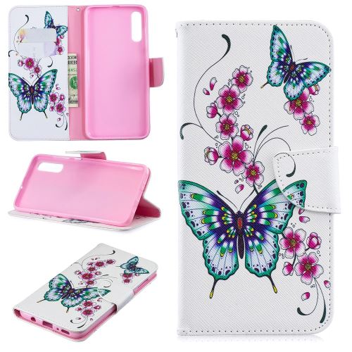 Etui en PU support motif imprimé papillon et fleur pour Samsung Galaxy A70