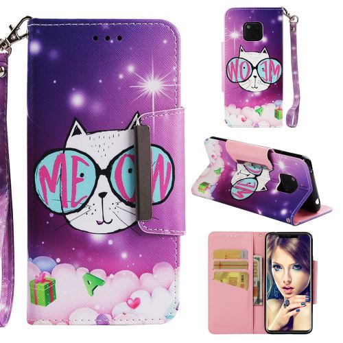 Etui en PU impression de motif magnétique avec support et cordon d'attache chat portant des lunettes pour votre Huawei Mate 20 Pro