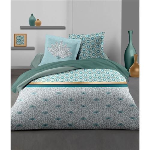 home linge passion parure de couette louxor - 1 housse de couette 220 x 240 cm + 2 taies 65 x 65 cm - vert émeraude et blanc