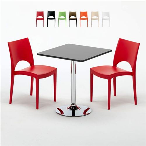 Table Carrée Noire 70x70cm Avec 2 Chaises Colorées Grand Soleil Set Intérieur Bar Café Paris Mojito, Couleur: Rouge