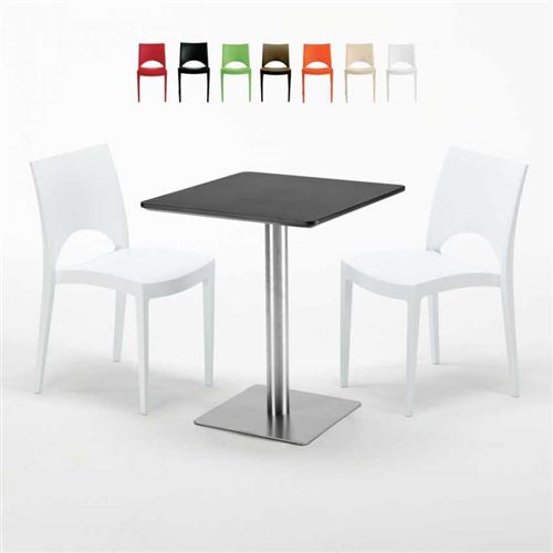 Table carrée 60x60 pied acier et plateau noir avec 2 chaises colorées Paris Pistachio, Couleur: Blanc