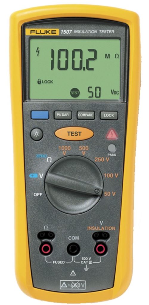 Testeur d'isolement Fluke 1507 10 Gohm 50 Vcc / 100 Vcc / 250 Vcc / 500 Vcc / 1000 Vdc 600 Vac