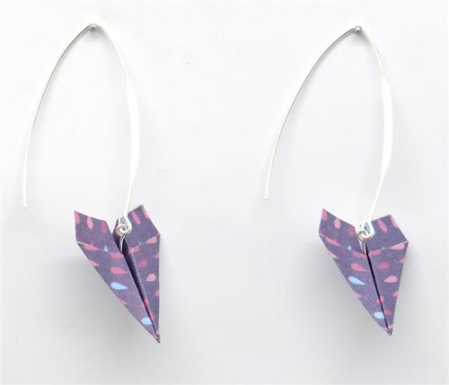 Boucles d'oreille papier origami avion violet goutte - the cocotte