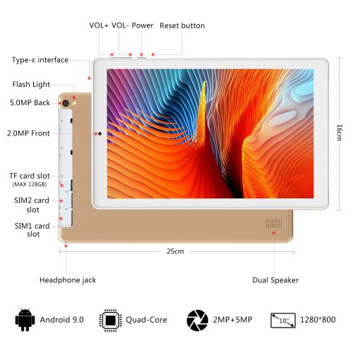 YOTOPT Tablette Tactile 10 Pouces 4G LTE, Android 9.0 Certifié par Google  GMS Tablette 64Go, 4Go de RAM, Bluetooth, GPS, WiFi, Type-c (Or) - Tablette  tactile - Achat & prix