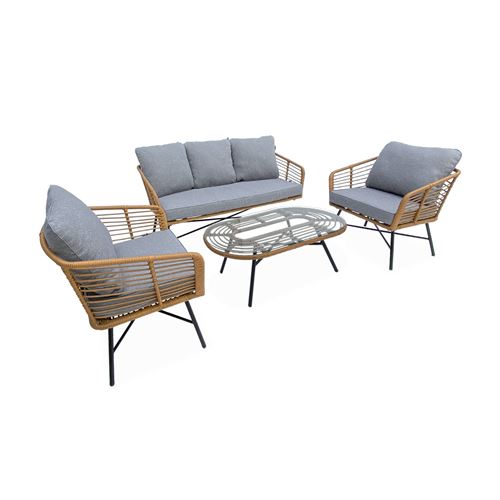Sweeek Salon de jardin bas 5 places UBUD – Ensemble canapé 3 places et 2 fauteuils avec une table résine tressée effet rotin coussins gris clair chiné