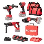 Ensemble de 4 machines ROTAKE 18V - Perceuse visseuse à percussion D2H-50D + Meuleuse G1-125 + PERFORATEUR 8902 + Scie circulaire 8303 + Visseuse à chocs S1 - ROTAKE - avec 1 batterie 18V 5Ah + chargeur double + 2 sacs de transport - LOT06